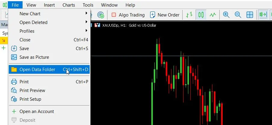 MetaTrader 5 File Menu - Open Data Folder Selection