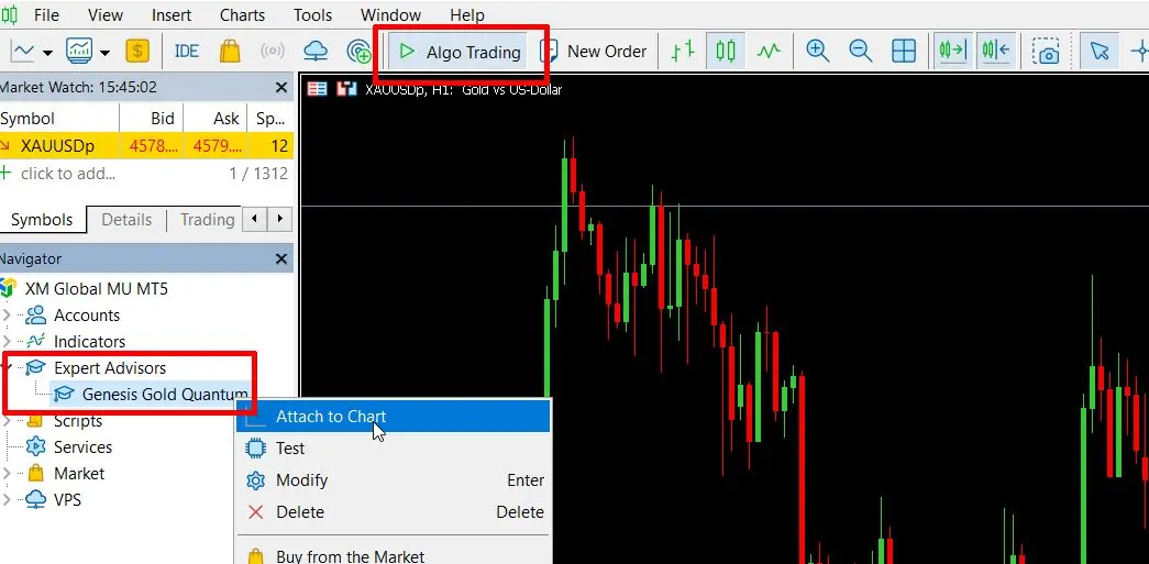 Adding Genesis Gold Quantum EA to MT5 Trading Chart