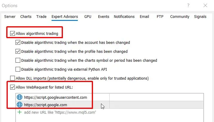 MT5 WebRequest URL Allow List for License Verification